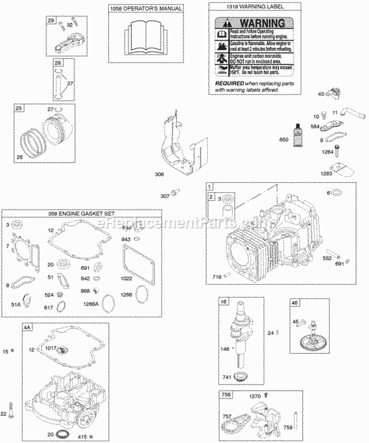 Camshaft Crankshaft Cylinder Engine Sump Gasket Set - Engine OperatorS Manual Piston Rings Connecting Rod Warning Label Diagram and Parts List for 31P977-0670-E1  Briggs and Stratton Engine